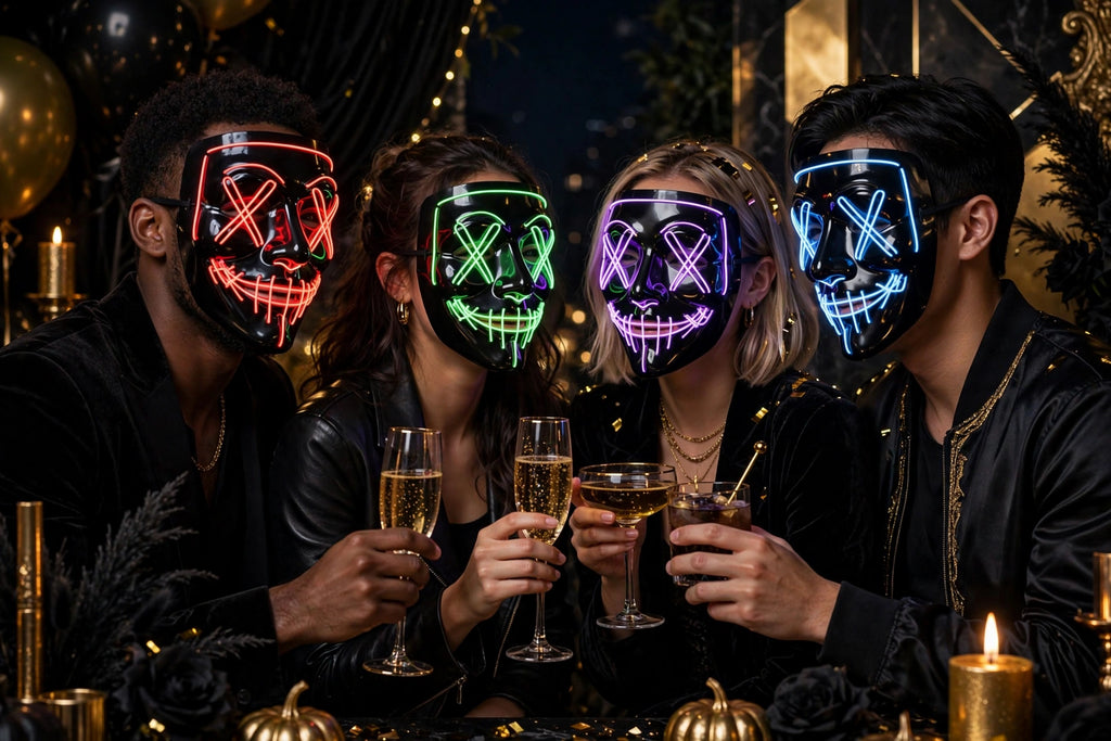 Groupe d'amis en masques LED néon lors d'une soirée d'Halloween