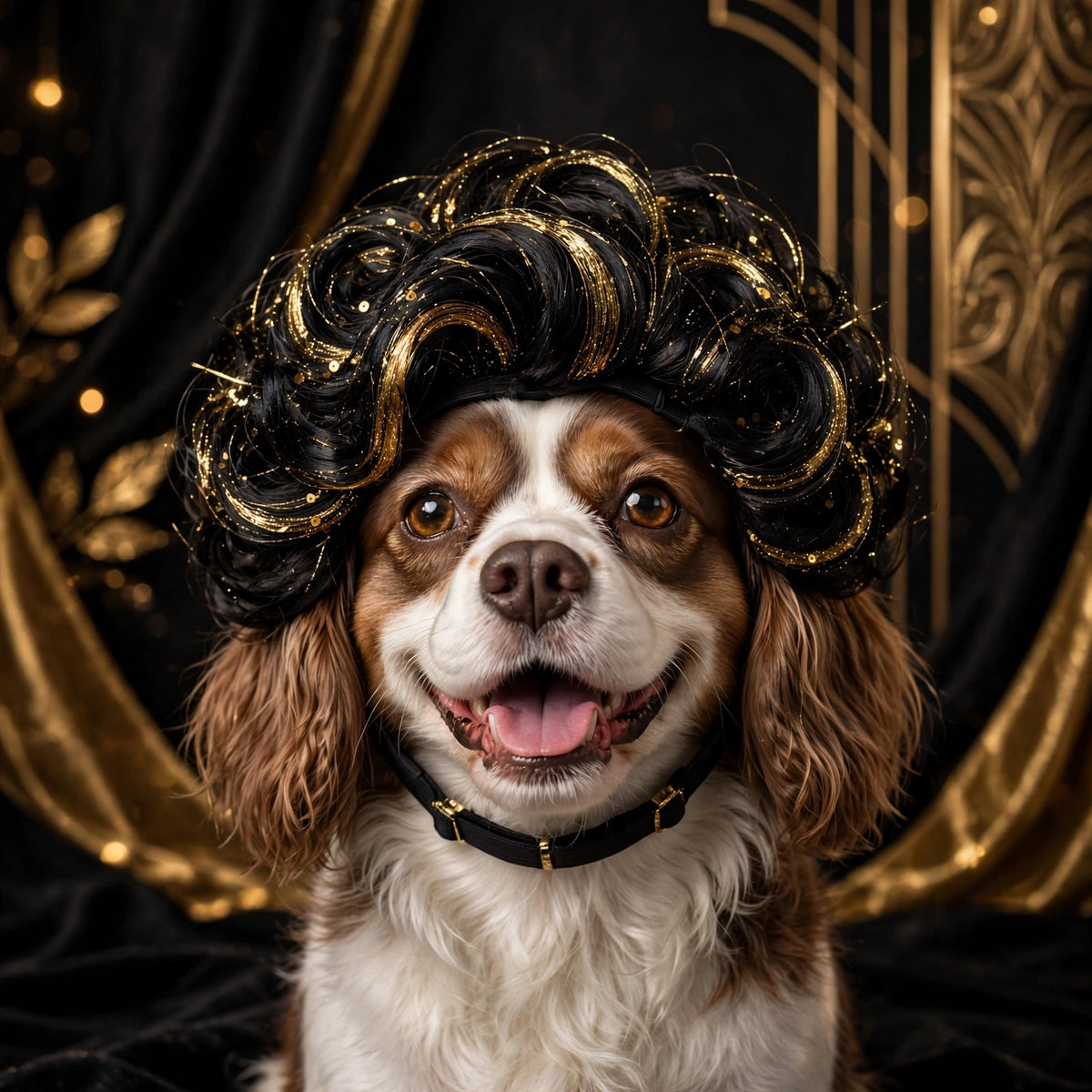 Chien souriant portant une perruque de déguisement DULUXE sur fond noir et doré