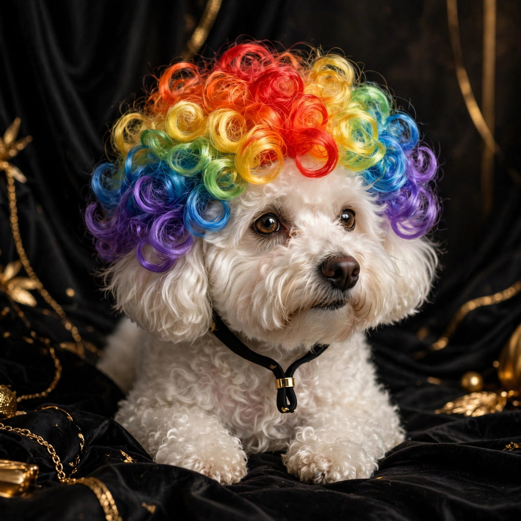 Chien portant la perruque colorée arc-en-ciel