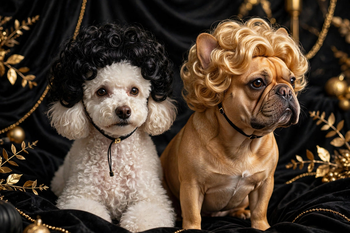 Deux chiens portant des perruques de styles différents côte à côte