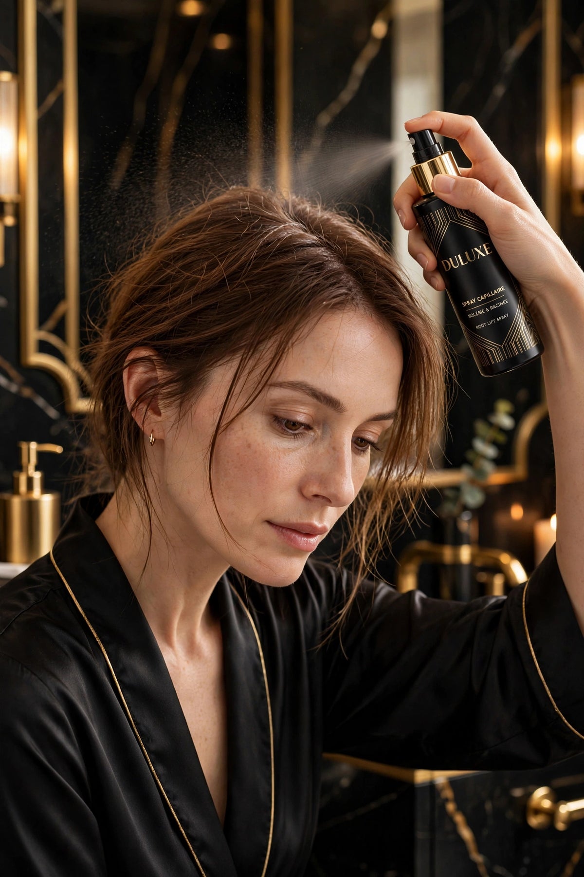 Application du Spray Volumisant DULUXE sur les racines des cheveux fins