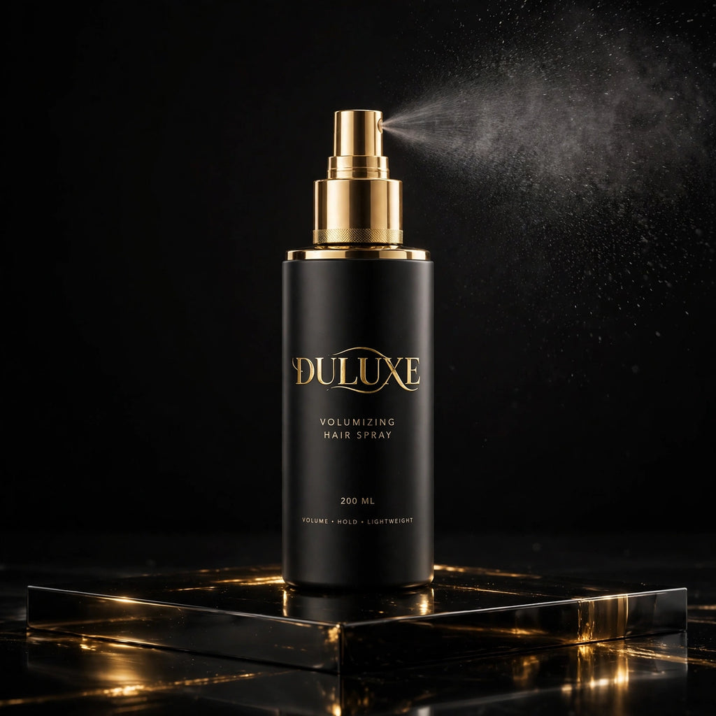 Spray Volumisant Capillaire DULUXE – flacon noir et doré sur fond noir et or