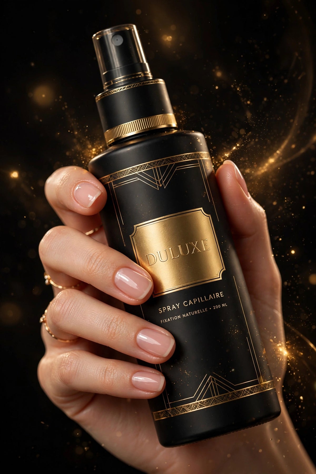Main élégante tenant le flacon Spray Volumisant DULUXE noir et doré
