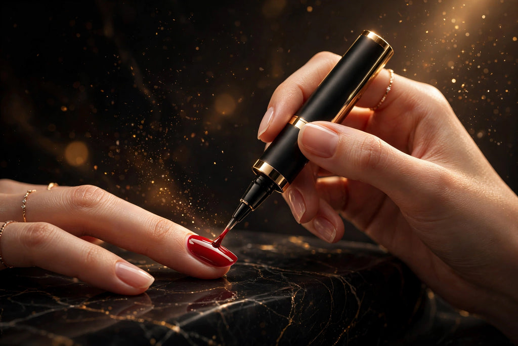 Stylo vernis DULUXE en main – application du vernis rouge cerise en un seul trait