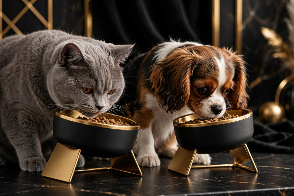 Gamelle Surélevée Inclinée DULUXE avec un chat qui mange confortablement
