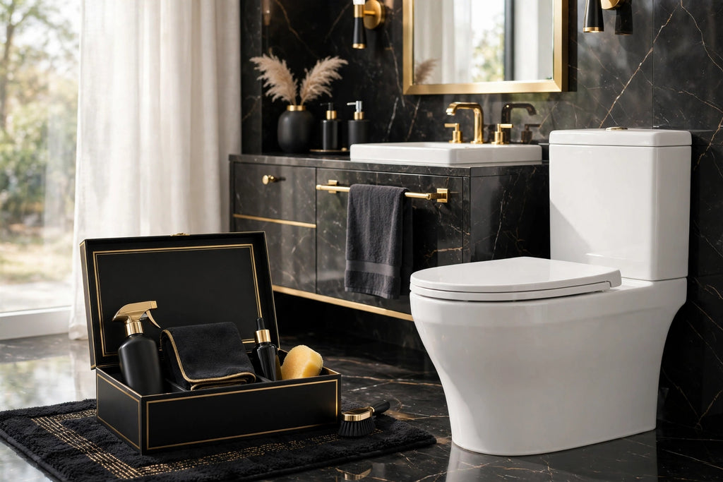 Salle de bain impeccable après le nettoyage avec le kit à têtes jetables