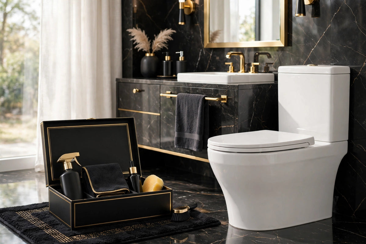 Salle de bain impeccable après le nettoyage avec le kit à têtes jetables