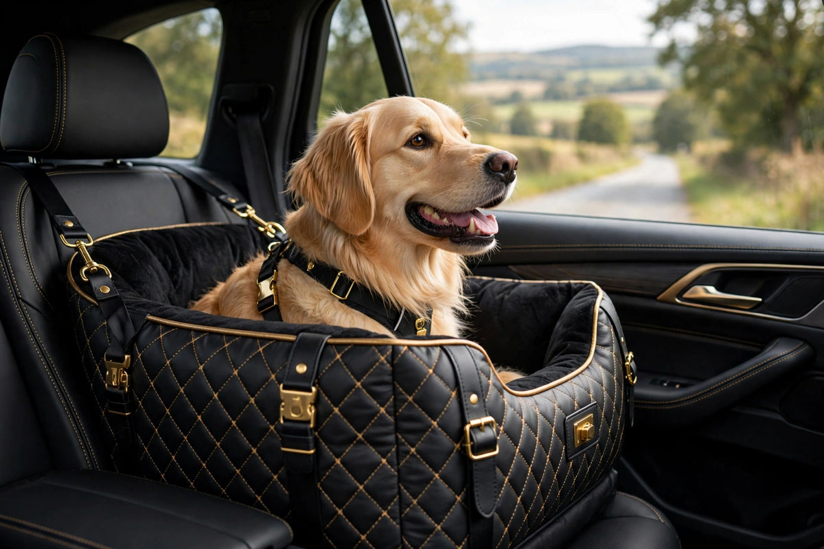 Lit de Voyage pour Chien DULUXE installé sur la banquette arrière avec un chien détendu