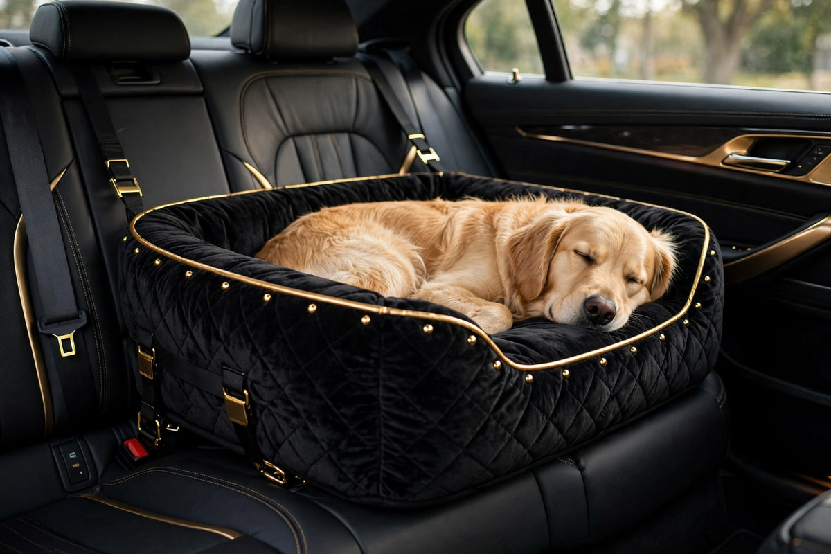 Petit chien endormi paisiblement dans le lit de voyage en voiture