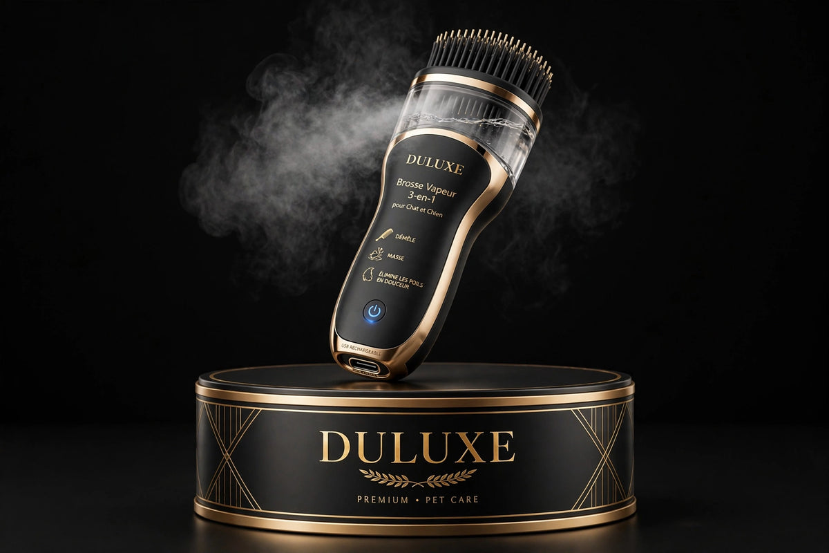 Brosse Vapeur 3-en-1 DULUXE pour chat et chien sur écrin noir et doré