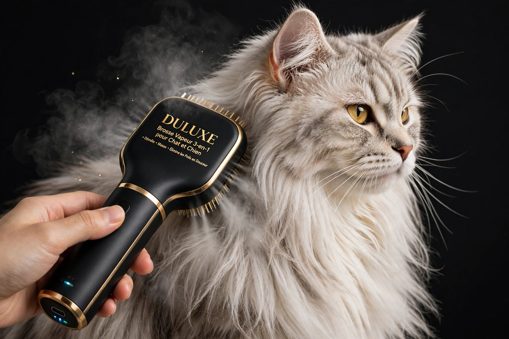 Chat à poils longs brossé avec la brume froide de la brosse vapeur