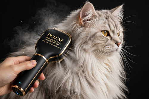 Chat à poils longs brossé avec la brume froide de la brosse vapeur