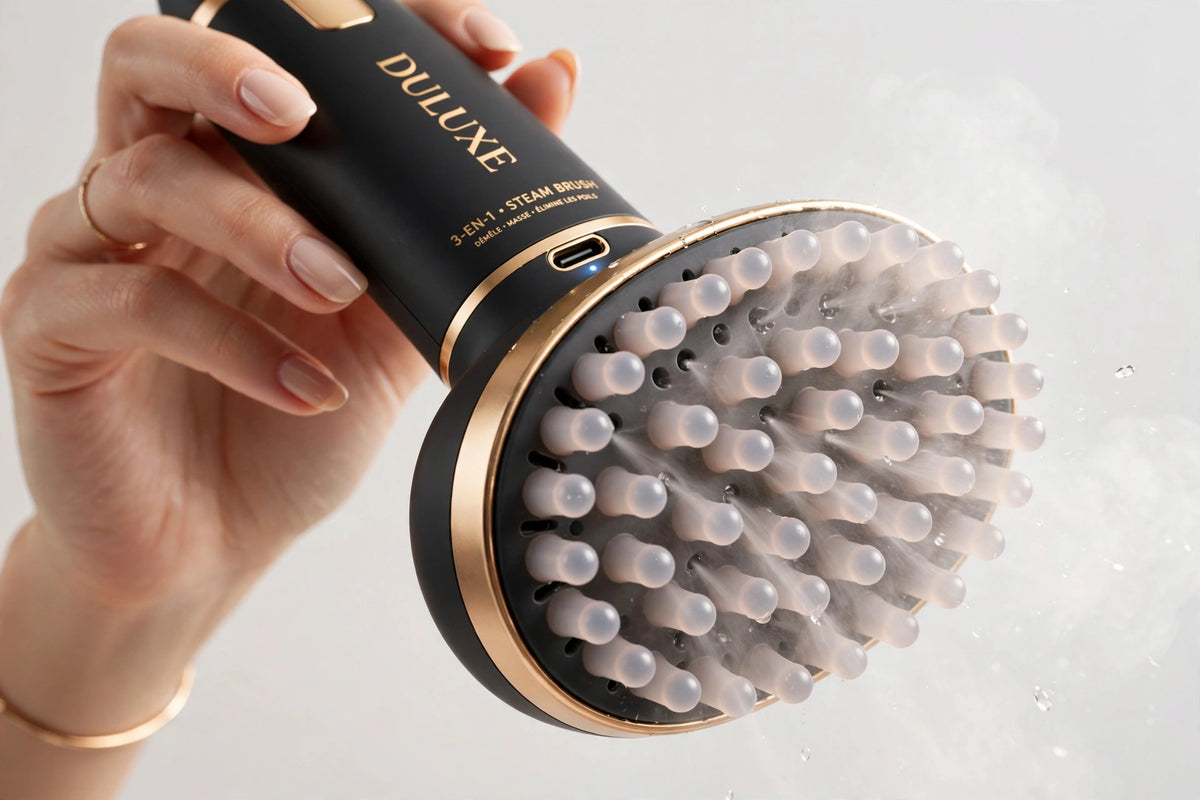 Main tenant la brosse vapeur montrant ses picots en silicone souples
