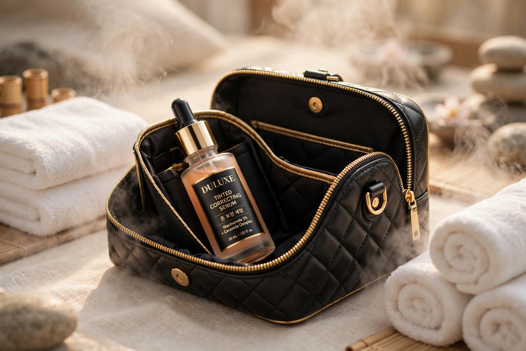 Flacon de sérum teinté dans une trousse beauté, ambiance spa coréen