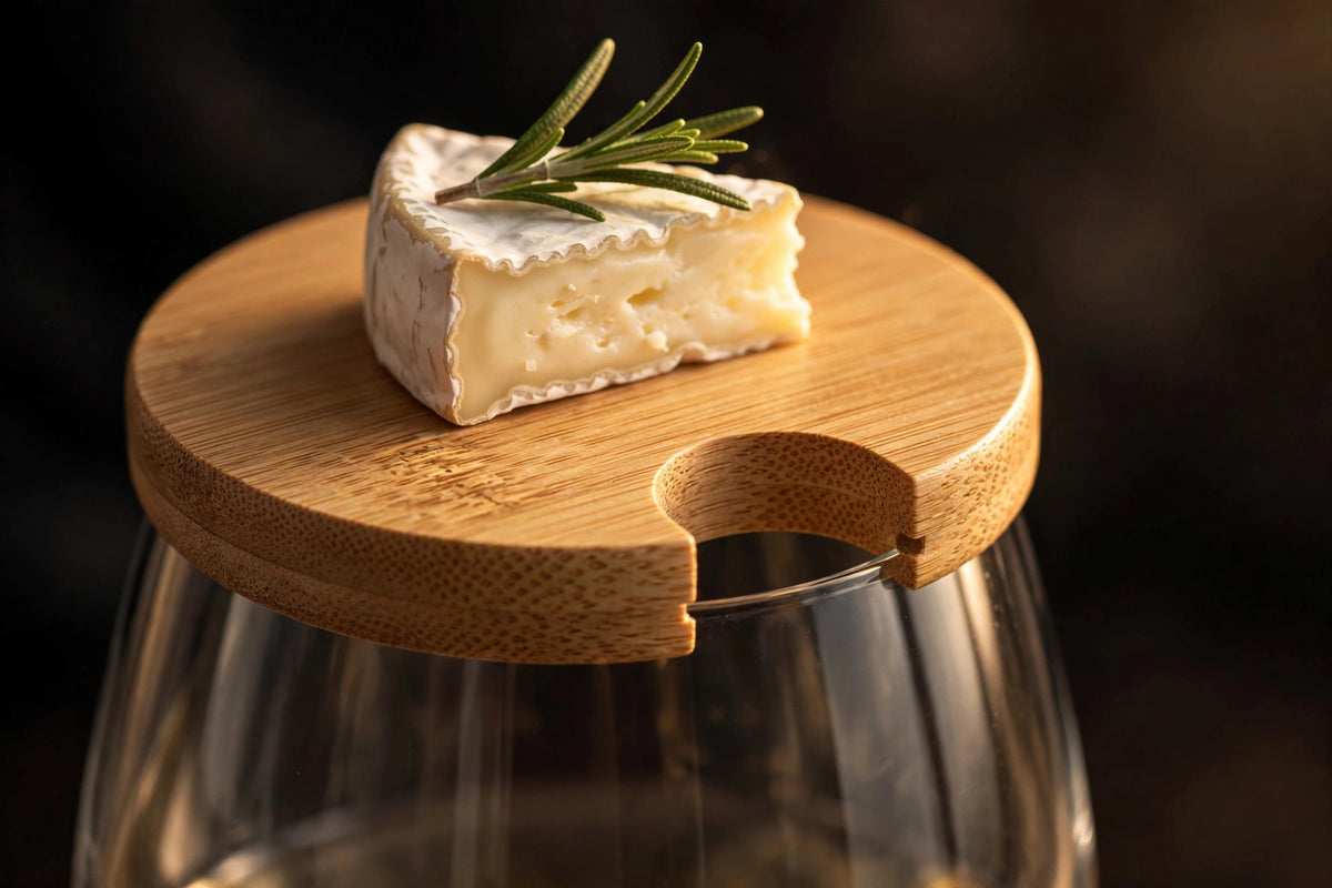 Gros plan sur le dessus de verre en bois et son encoche, brie et romarin