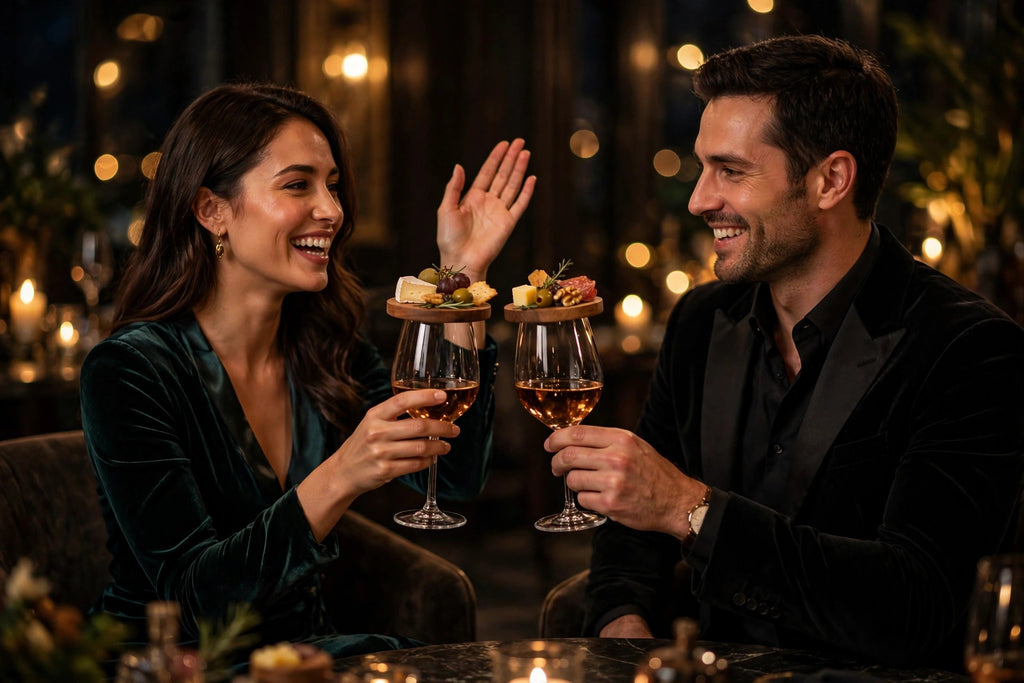 Invités en soirée tenant leurs verres à vin avec dessus charcuterie, une main libre pour trinquer
