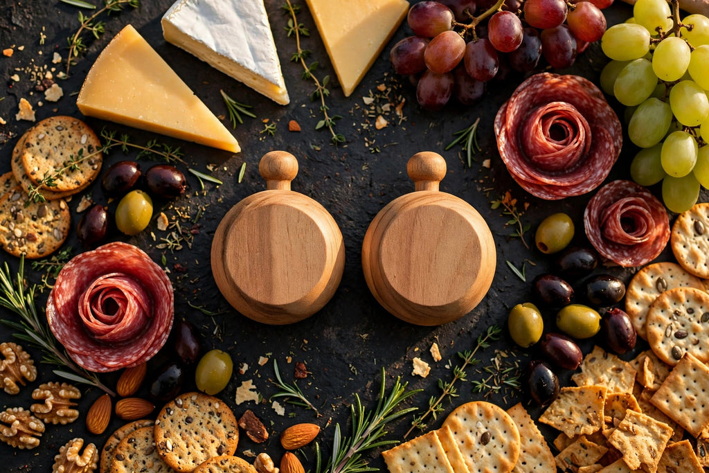 Vue du dessus : dessus de verre en bois entourés de fromages, raisins et charcuterie