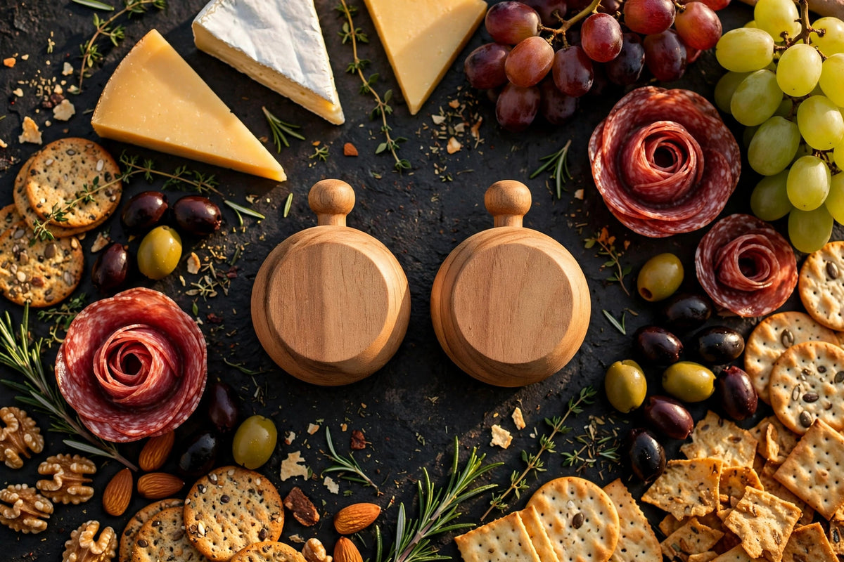 Vue du dessus : dessus de verre en bois entourés de fromages, raisins et charcuterie