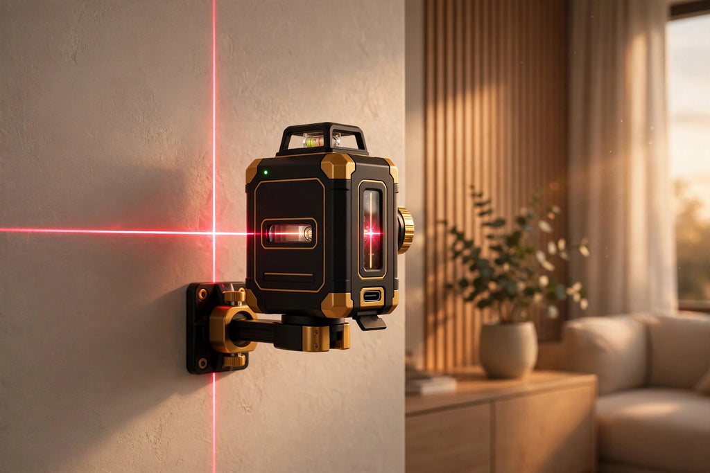 Niveau laser 4-en-1 DULUXE projetant un faisceau laser rouge sur un mur