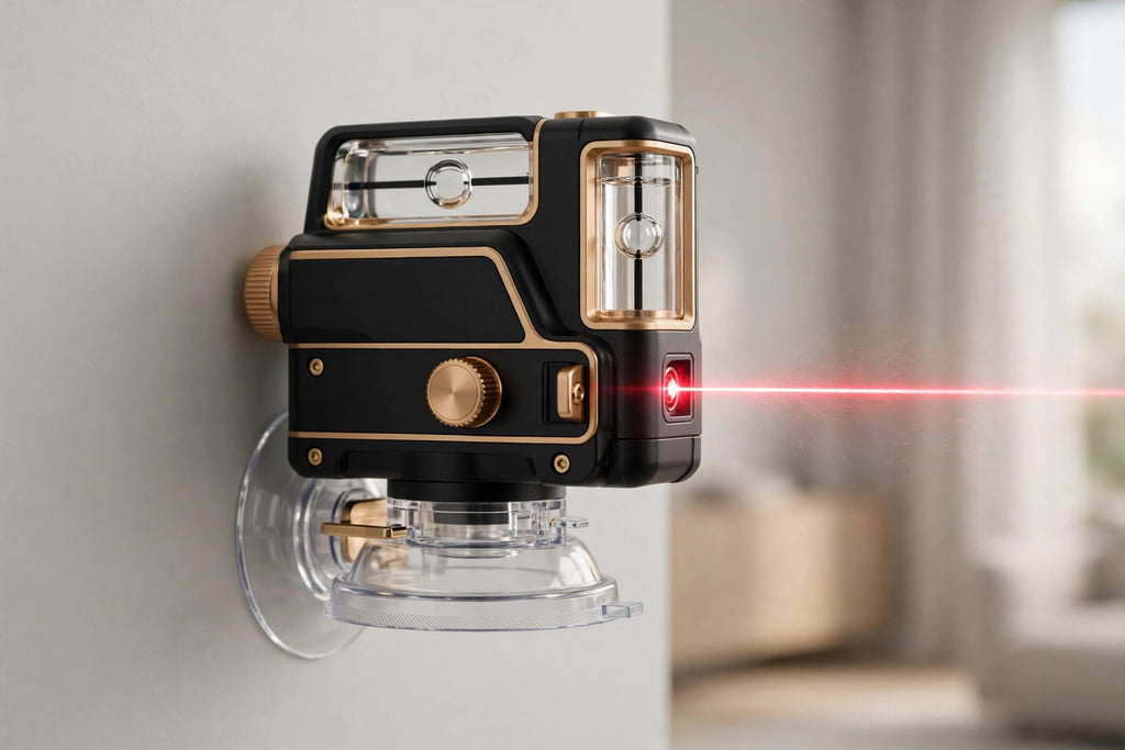 Niveau laser fixé par aspiration au mur, niveaux à bulle visibles