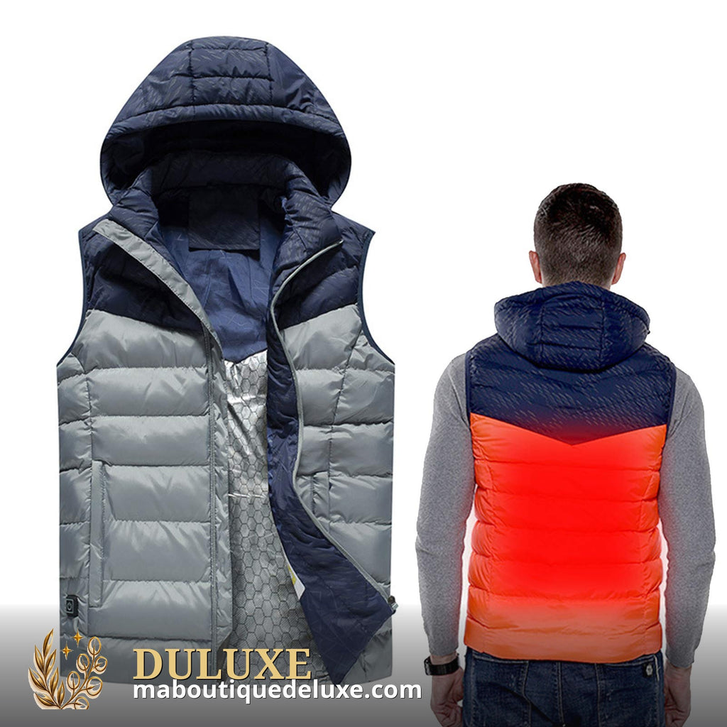 Veste chauffante d'hiver USB DULUXE – gilet chauffant gris et bleu, vue de face et de dos avec zones de chaleur