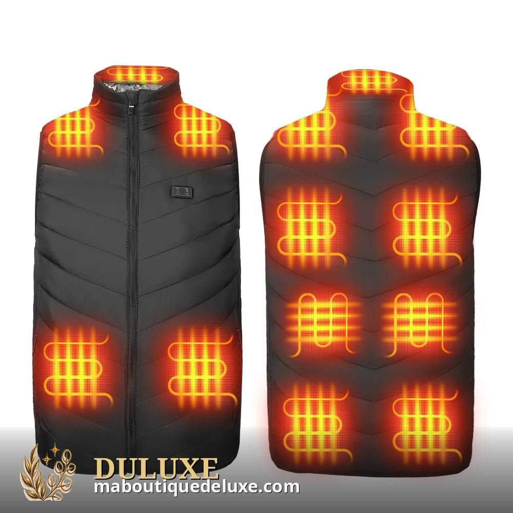 Veste chauffante d'hiver USB DULUXE – schéma des zones chauffantes avant et dos, 3 niveaux de chaleur