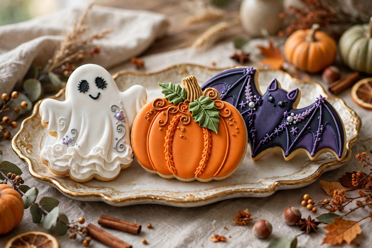 Biscuits Halloween décorés au glaçage sur un plateau