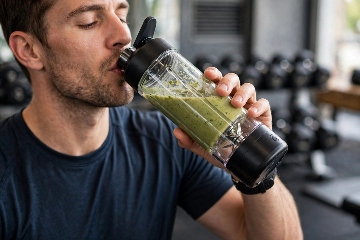 Gourde mixeur électrique utilisée par un sportif à la salle de sport