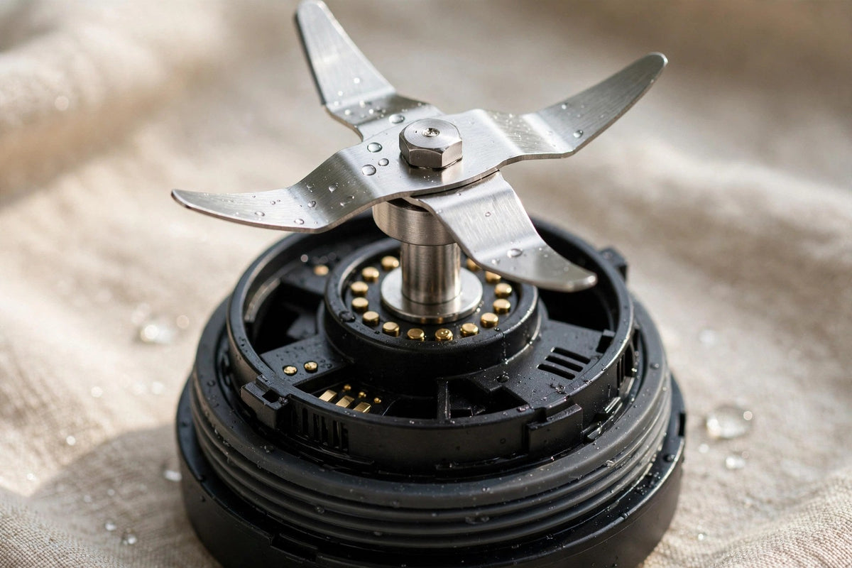 Gros plan sur les lames en acier et la base moteur