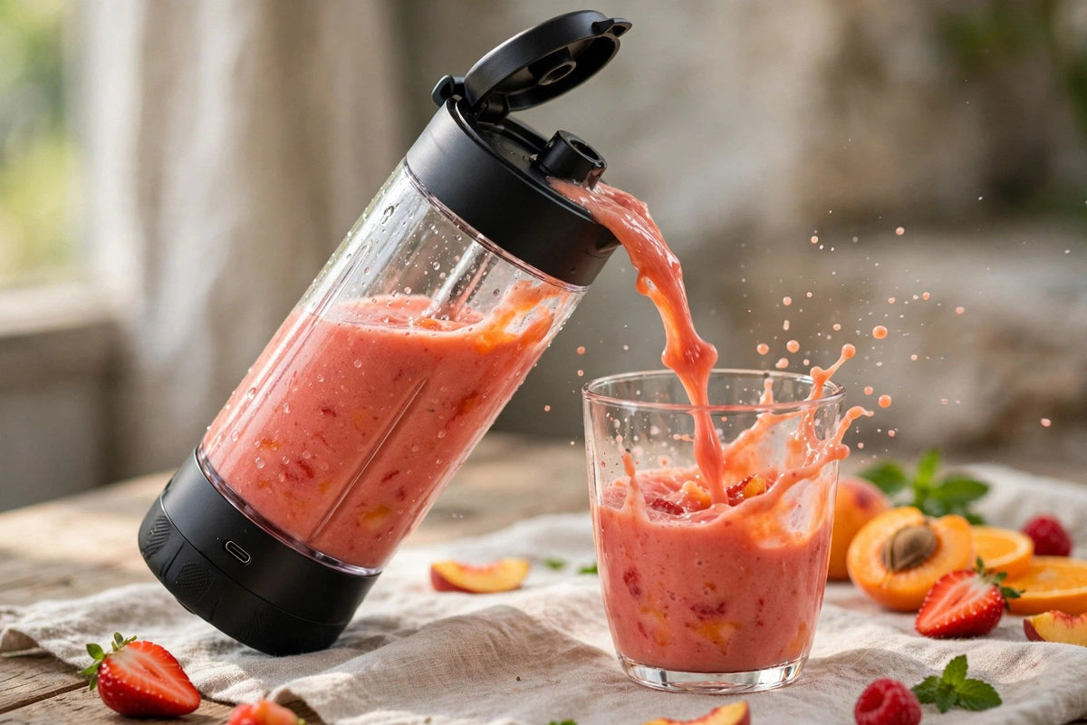 Smoothie coloré versé depuis la gourde mixeur