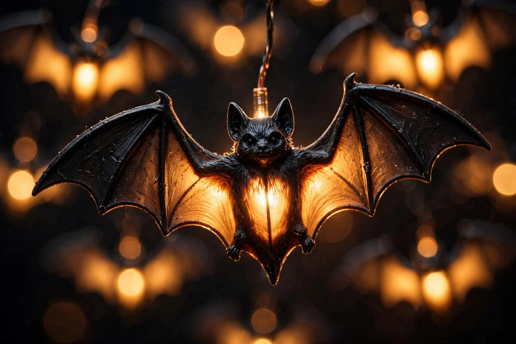 Gros plan d'une chauve-souris LED lumineuse de la guirlande