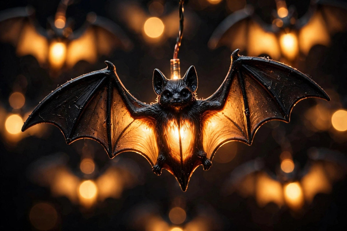 Gros plan d'une chauve-souris LED lumineuse de la guirlande