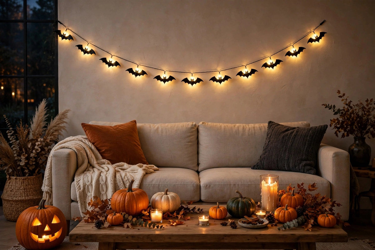 Salon décoré pour Halloween avec la guirlande chauve-souris LED