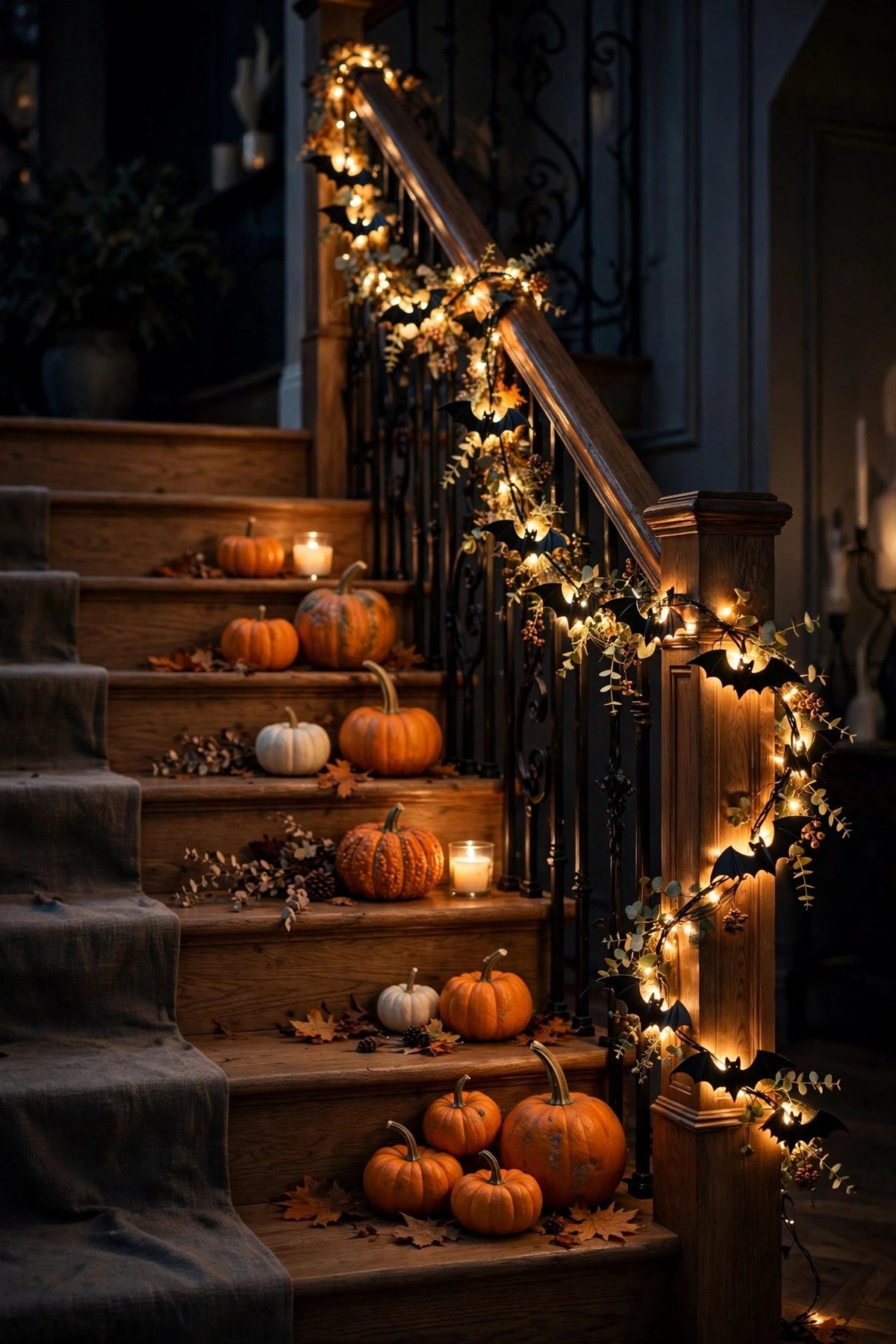 Escalier décoré avec la guirlande chauve-souris LED