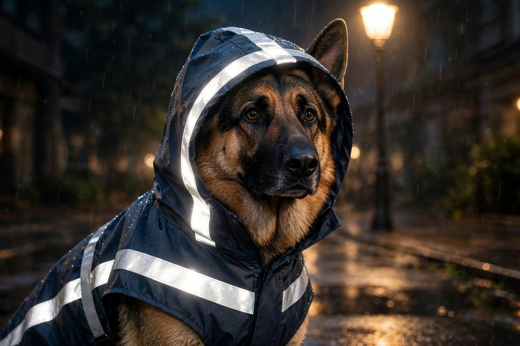 Berger allemand portant un imperméable à capuche avec bandes réfléchissantes argentées, photographié de nuit sous un lampadaire
