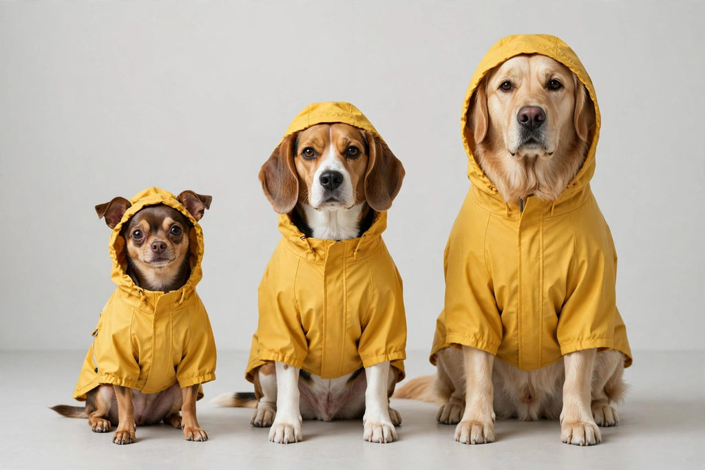 Trois chiens de tailles différentes portant le même modèle d'imperméable à capuche, alignés sur fond studio clair