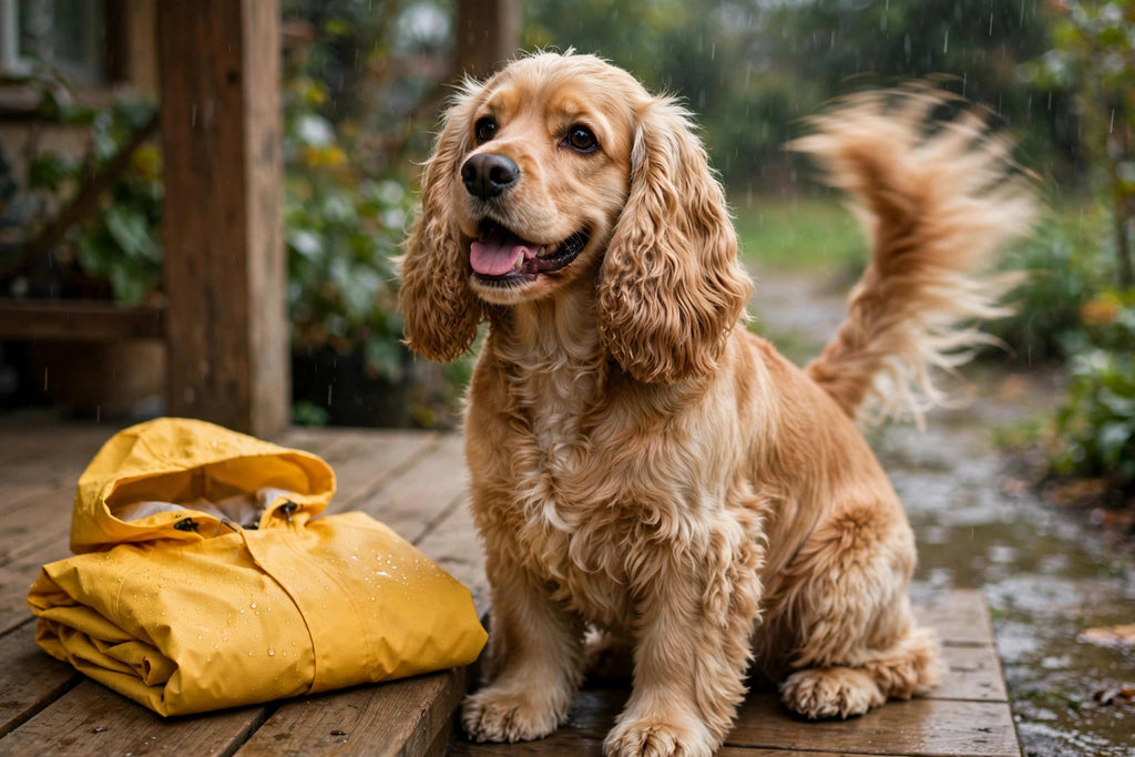 Cocker heureux au pelage parfaitement sec remuant la queue après une promenade sous la pluie, imperméable à capuche posé à côté de lui