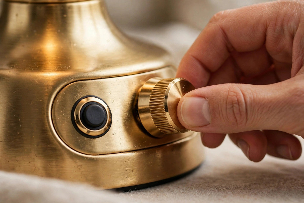 Détail du minuteur et du variateur de la lampe chauffe-bougie
