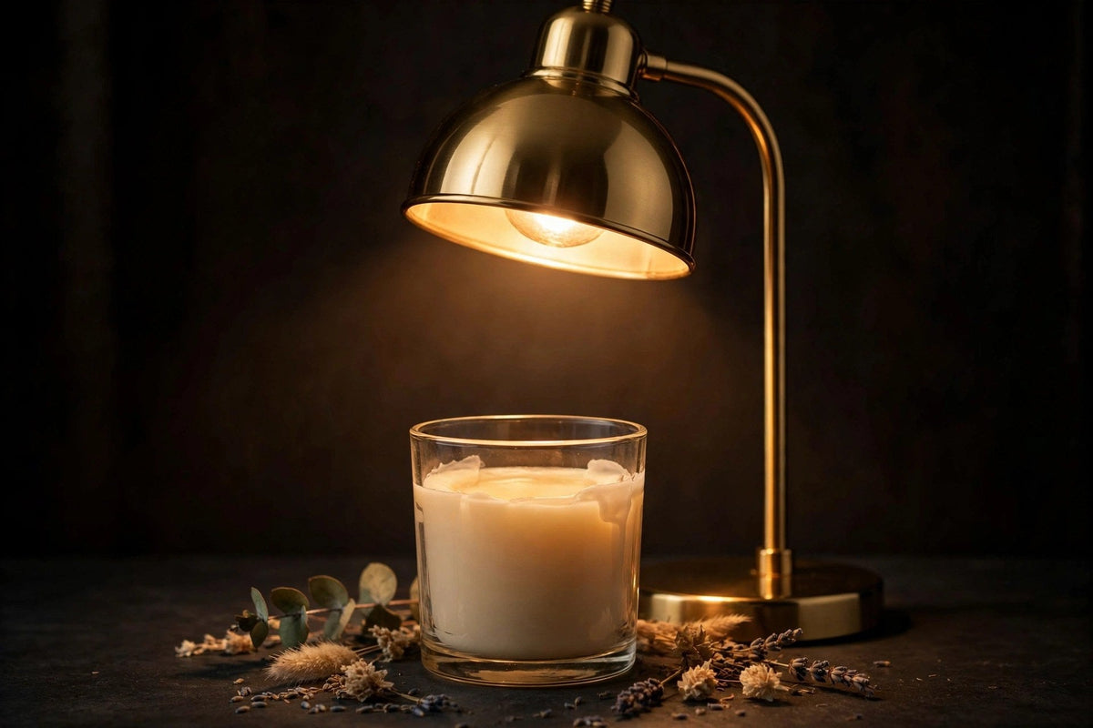 Lampe chauffe-bougie allumée diffusant une lumière chaude dans le noir