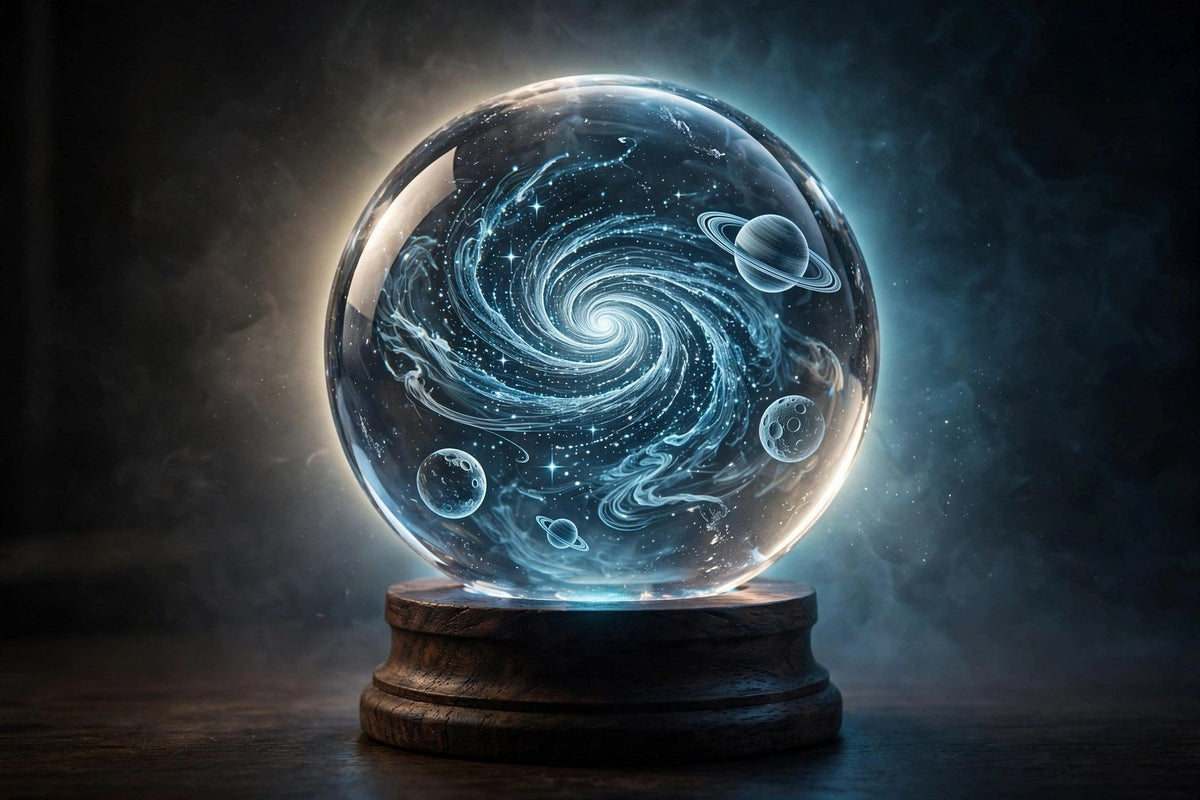 Lampe boule de cristal galaxie allumée sur socle en bois