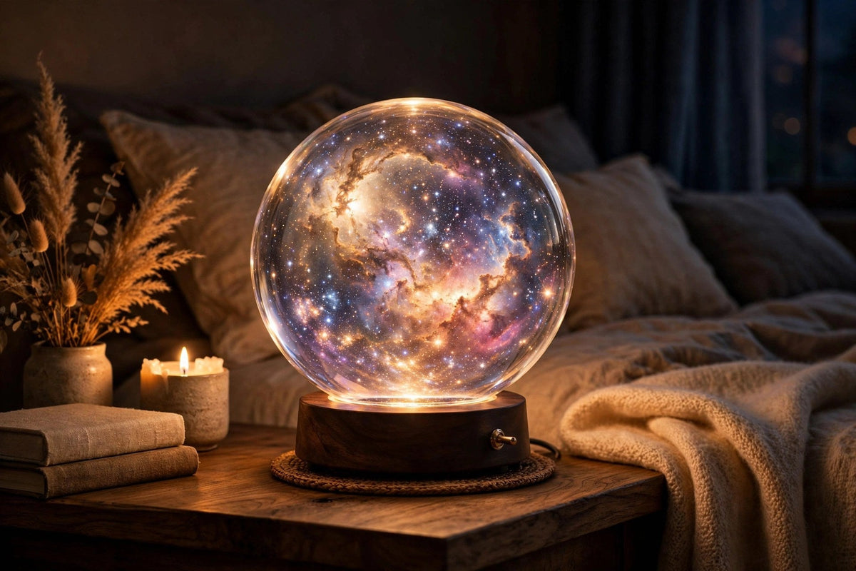 Lampe galaxie posée sur une table de chevet dans une chambre