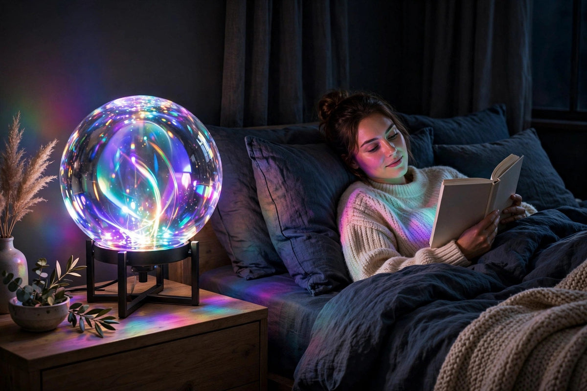 Chambre baignée de la lumière multicolore de la lampe galaxie