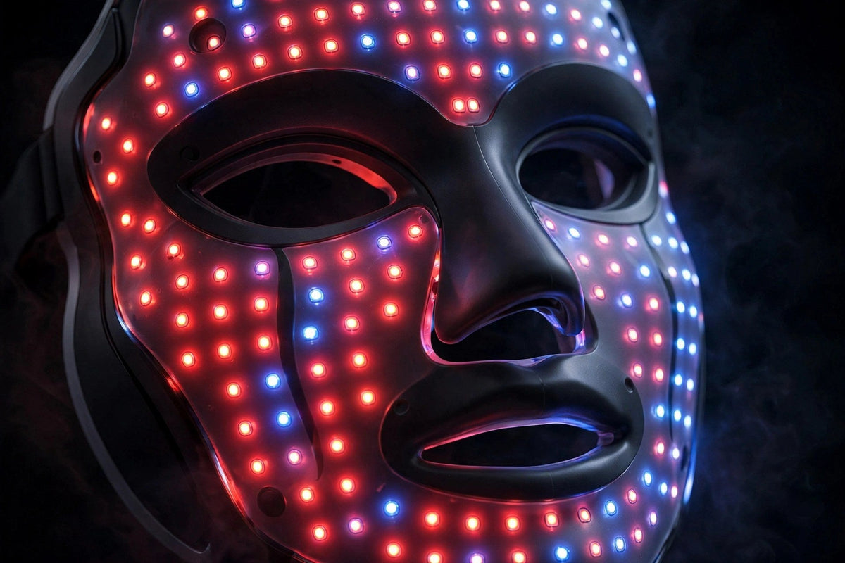 Masque LED de luminothérapie allumé, lumière rouge et bleue, fond sombre