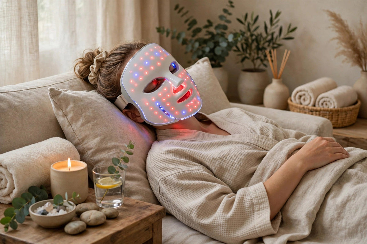 Femme détendue portant le masque LED allumé, moment spa apaisant