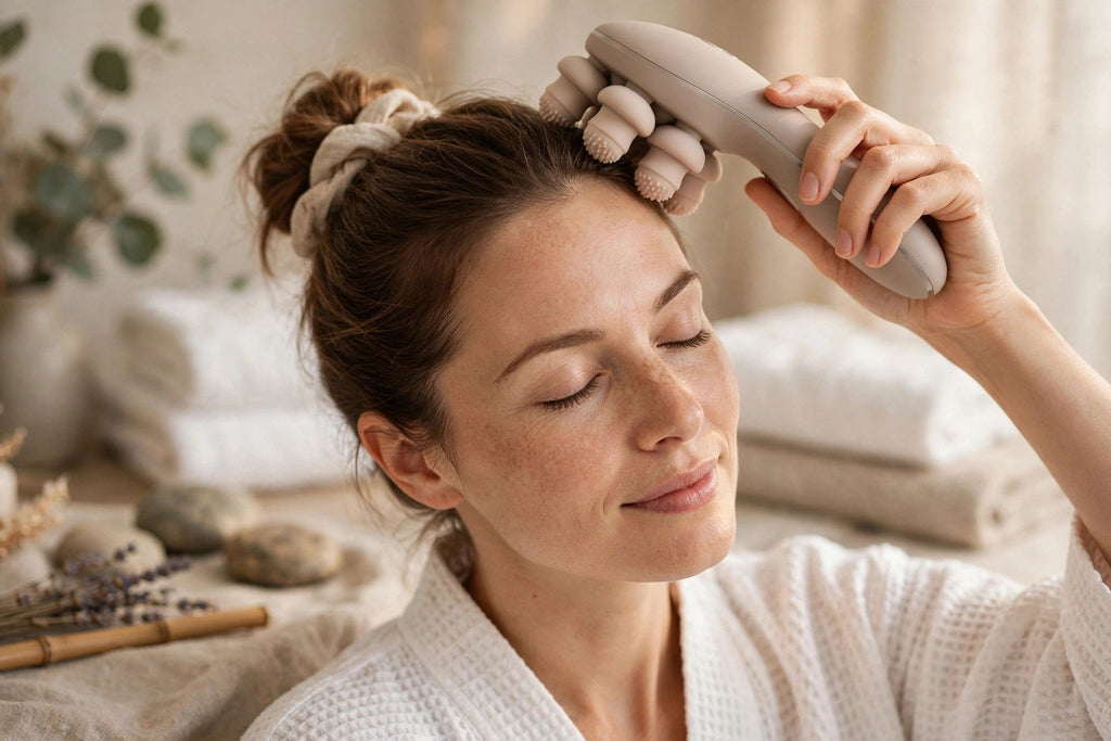 Moment de détente : massage relaxant du cuir chevelu, yeux fermés
