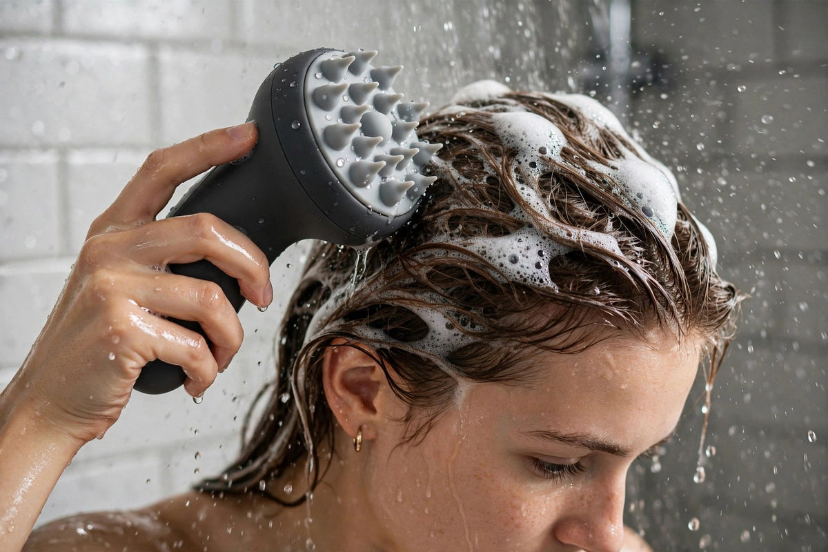 Utilisation du masseur de cuir chevelu sous la douche avec le shampooing