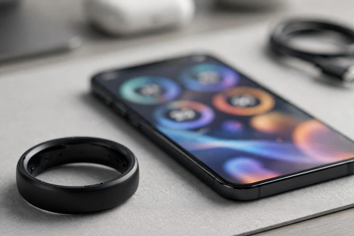 Anneau connecté noir posé près d'un smartphone affichant les statistiques de santé de l'application.