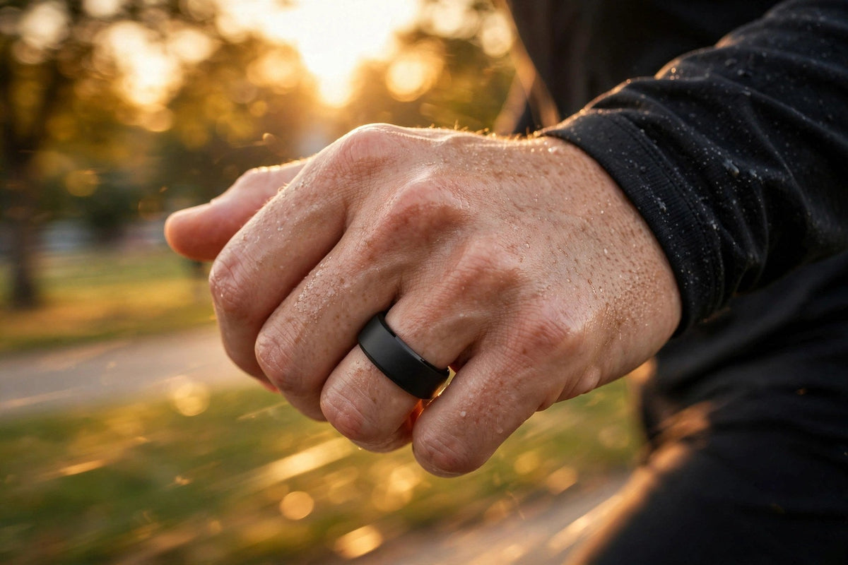 Coureur portant l'anneau de fitness intelligent pendant sa séance de sport en extérieur.