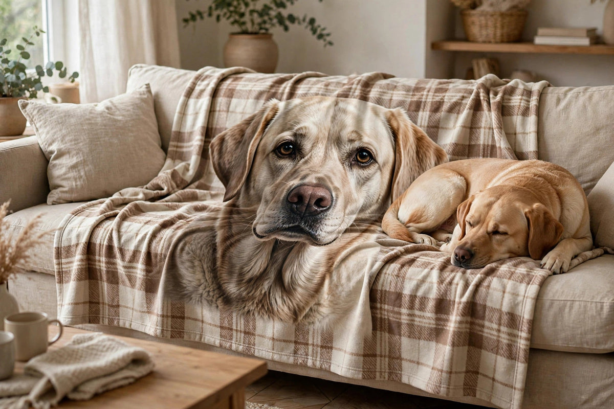 Plaid personnalisé avec le portrait d'un labrador, déployé sur un canapé beige