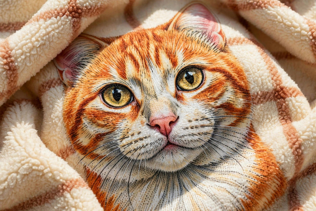 Gros plan sur l'impression haute définition du portrait d'un chat sur un plaid en polaire
